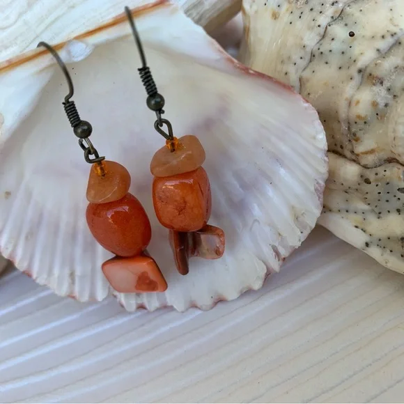Drop Earrings Orange Tones Handcrafted Mixed Beads and Shell Materials Boho Chic - Picture 7 of 10